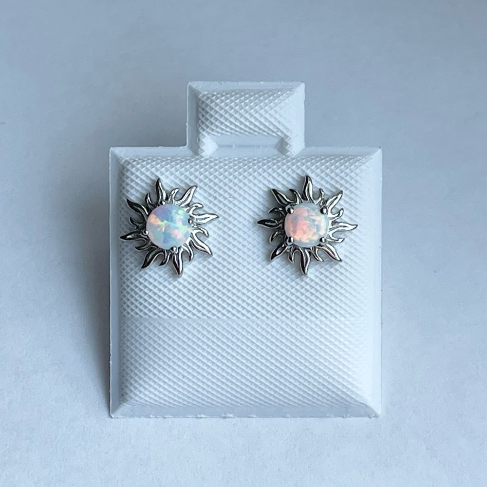 Sterling Silver White Lab Opal Blazing Sun Earrings, Silver Stud Earring,